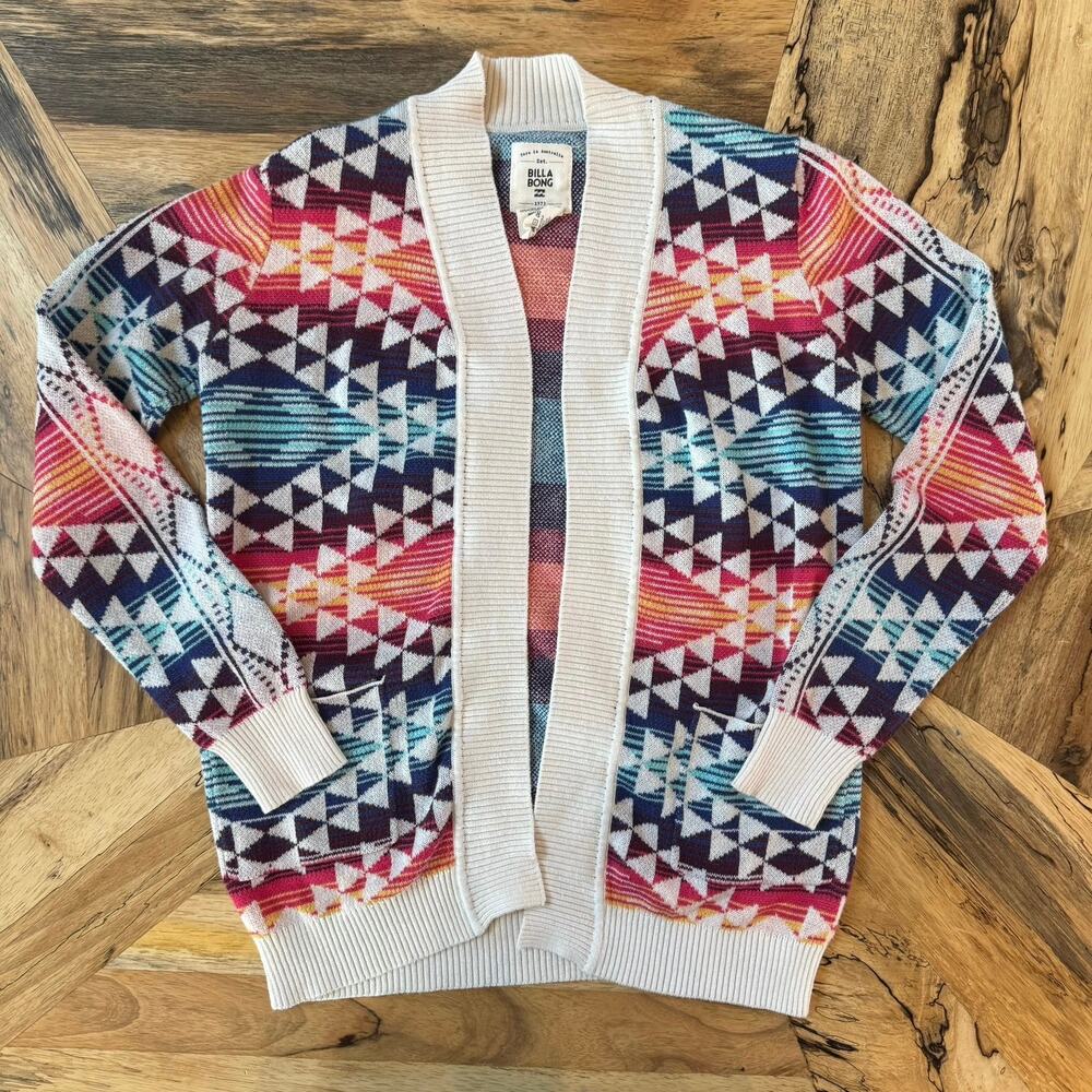Billabong Girls L 12/14 Southwestern Aztec Geometric Knit Open Front Cardigan